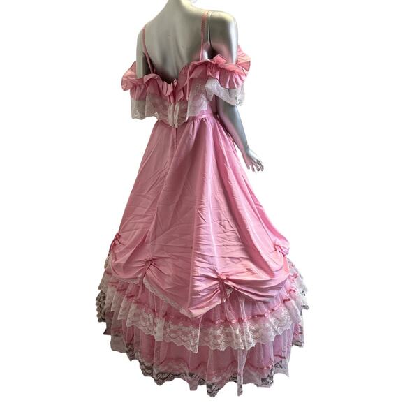 Vintage 1980s Fantasy Pink White Lace Ball Gown With Built In Hoop Med/Large - Picture 4 of 5